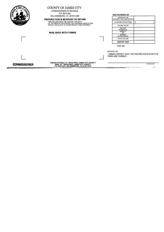 Prepared Food / Beverage Tax Return Form - County Of James City Printable pdf