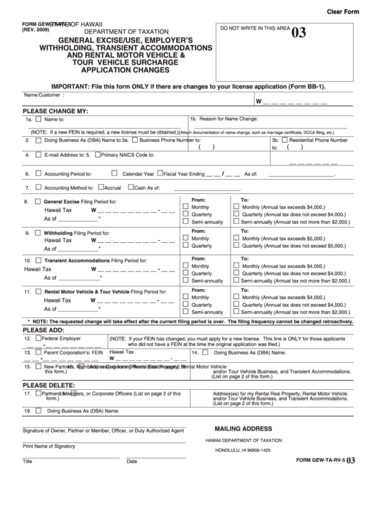 Form Gew-ta-rv-5 - General Excise/use, Employer's Withholding, Transient Accommodations And Rental Motor Vehicle & Tour Vehicle Surcharge Application Changes