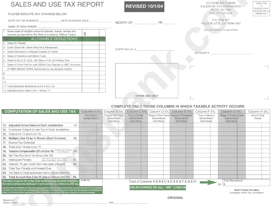 Sales And Use Tax Report Form - Evangeline Parish