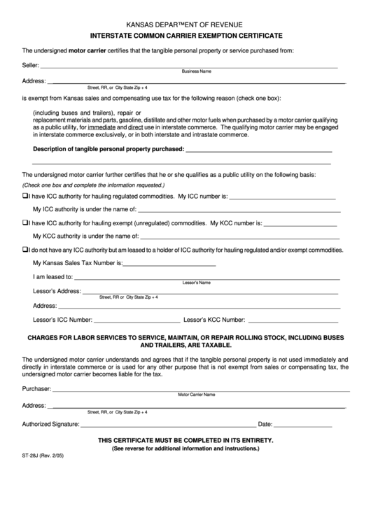 Form St-28j - Interstate Common Carrier Exemption Certificate - Kansas Department Of Revenue Printable pdf