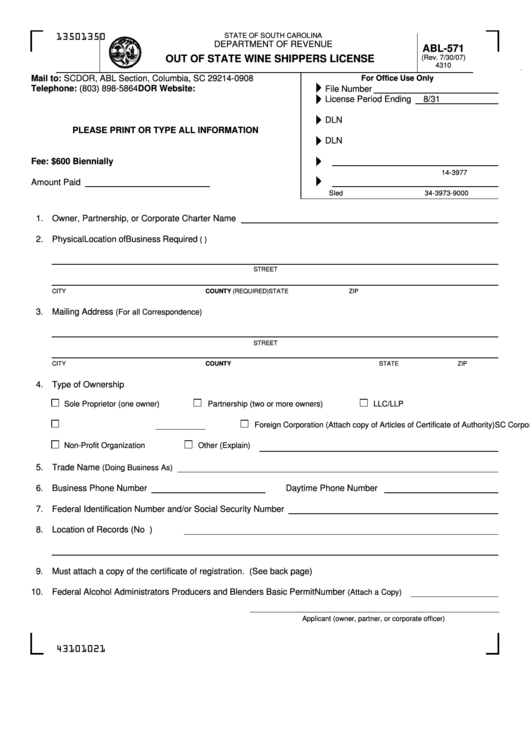 Form Abl-571 - Out Of State Wine Shippers License - Department Of Revenue Printable pdf