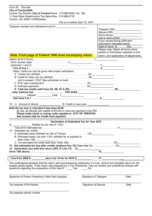 Form Ir - Income Tax Return - City Of Trenton - 2009 Printable pdf