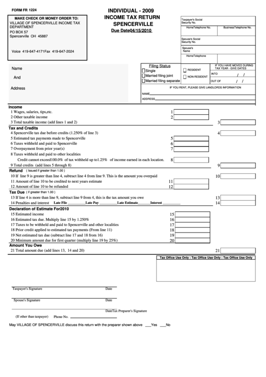 Fillable Form Fr 1224 - Individual Income Tax Return - Spencerville - 2009 Printable pdf