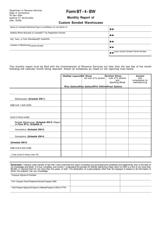 Form Bt - 4 - Bw - Monthly Report Of Custom Bonded Warehouses Form - Department Of Revenue Services, Connecticut Printable pdf
