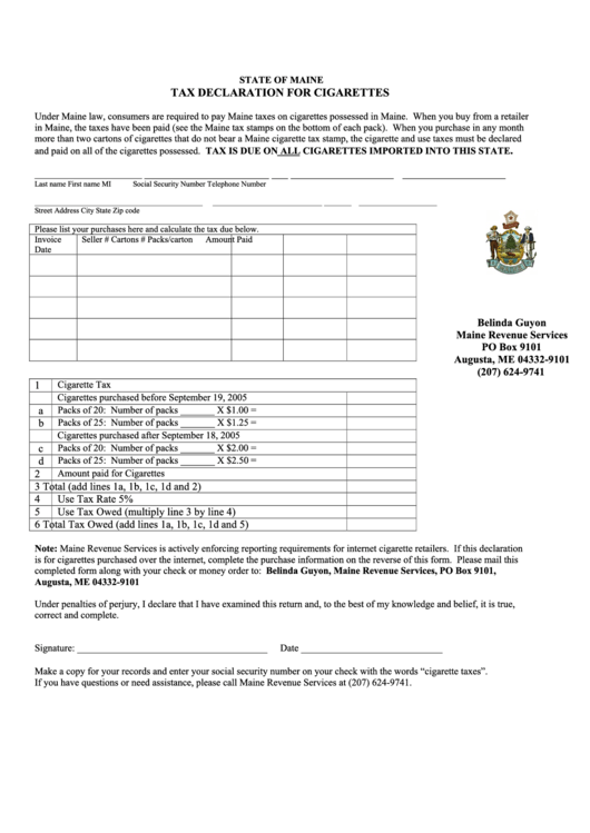 Tax Declaration For Cigarettes Form - State Of Maine Printable pdf