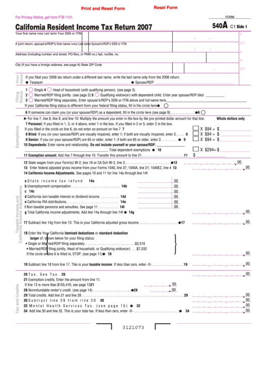 Fillable Form 540a C1 - California Resident Income Tax Return - 2007 ...