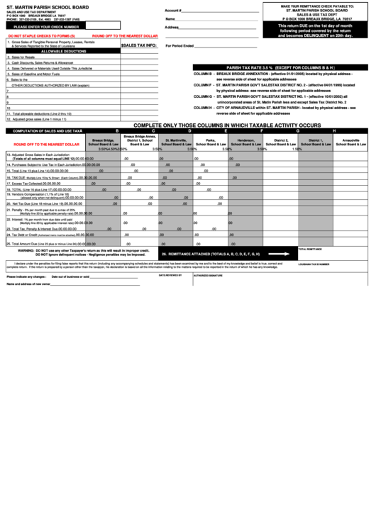 St. Martin Parish School Board Form - Sales And Use Tax Department Printable pdf