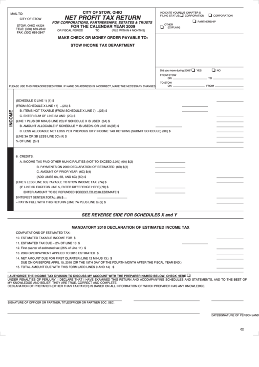 Fillable Net Profit Tax Return Form - City Of Stow, Ohio - 2009 Printable pdf