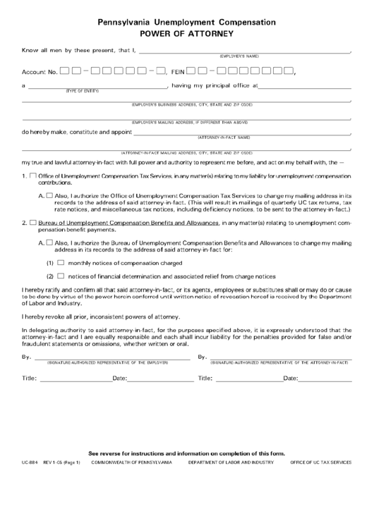 Form Uc-884 - Power Of Attorney Printable pdf