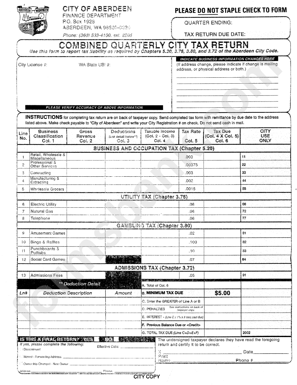 Combined Quarterly City Tax Return Form - City Of Aberdeen