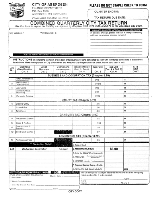 Combined Quarterly City Tax Return Form - City Of Aberdeen Printable pdf