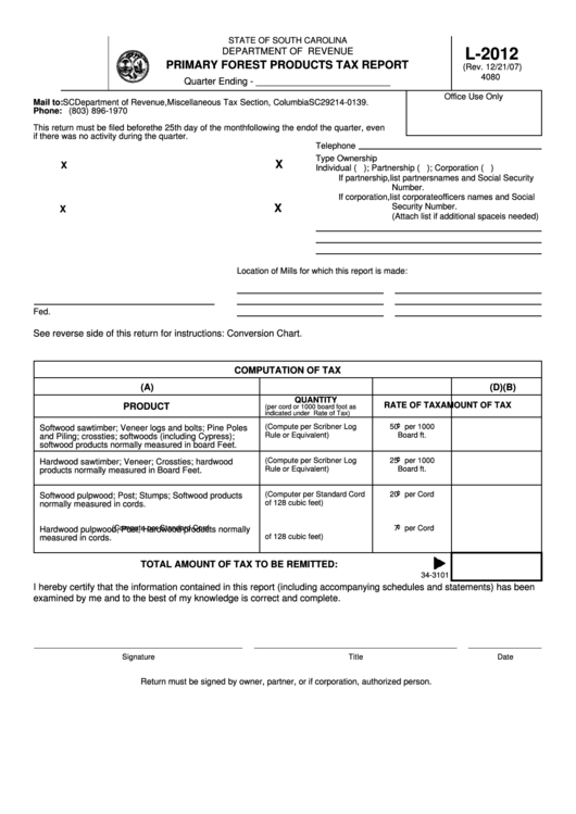 Form L-2012 - Primary Forest Products Tax Report Printable pdf
