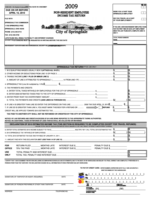 Form Nre - Non-Resident Employee Income Tax Return - 2009 Printable pdf