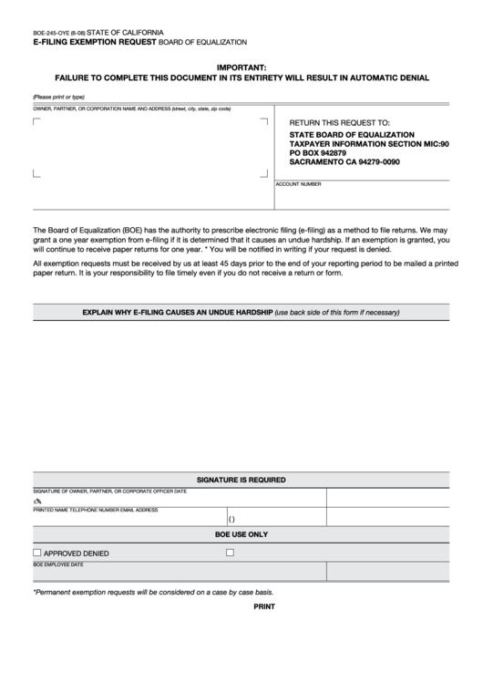 Fillable Form Boe-245-Oye - E-Filing Exemption Request - California Board Of Equalization Printable pdf