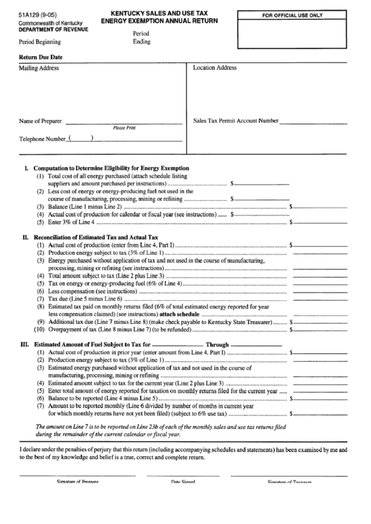 Kentucky Sales And Use Tax Energy Exemption Annual Return Form - Department Of Revenue Printable pdf