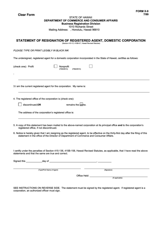 Fillable Form X-9 - Statement Of Resignation Of Registered Agent, Domestic Corporation Printable pdf