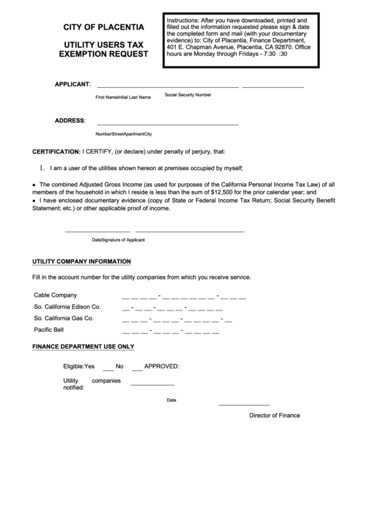 Utility Users Tax Exemption Request Form - City Of Placentia Printable pdf