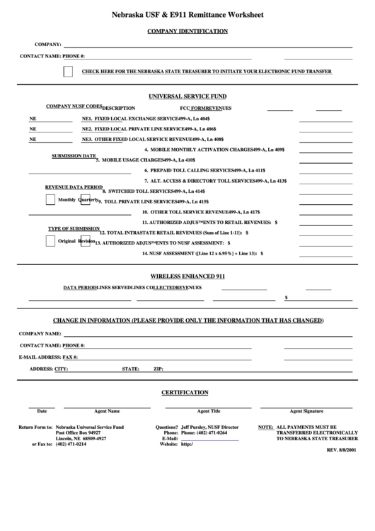 Nebraska Usf & E911 Remittance Worksheet - Nebraska Universal Service Fund Printable pdf