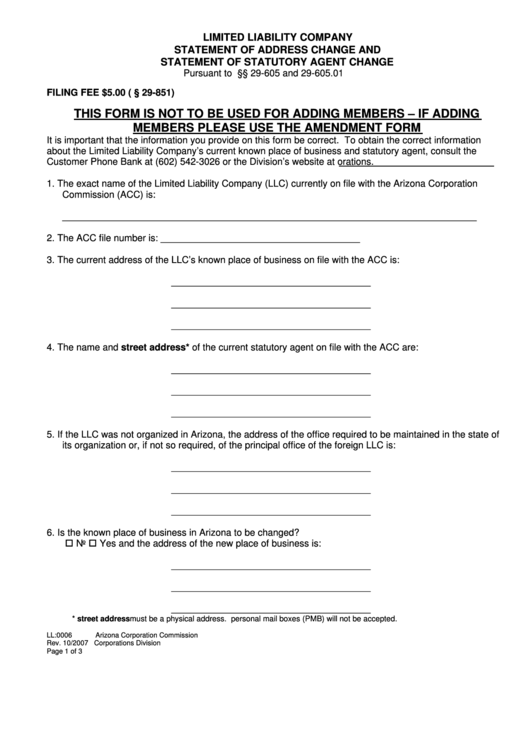 Form Ll:0006 - Limited Liability Company Statement Of Address Change And Statement Of Statutory Agent Change Printable pdf
