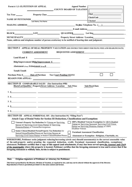 Fillable Form A-1 - Petition Of Appeal County Board Of Taxation - 2015 Printable pdf