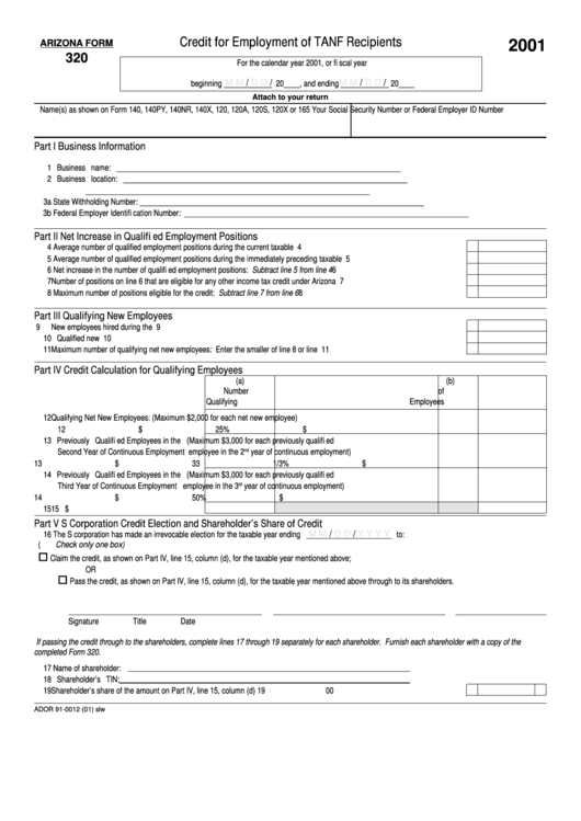 Fillable Form 320 - Credit For Employment Of Tanf Recipients Printable pdf