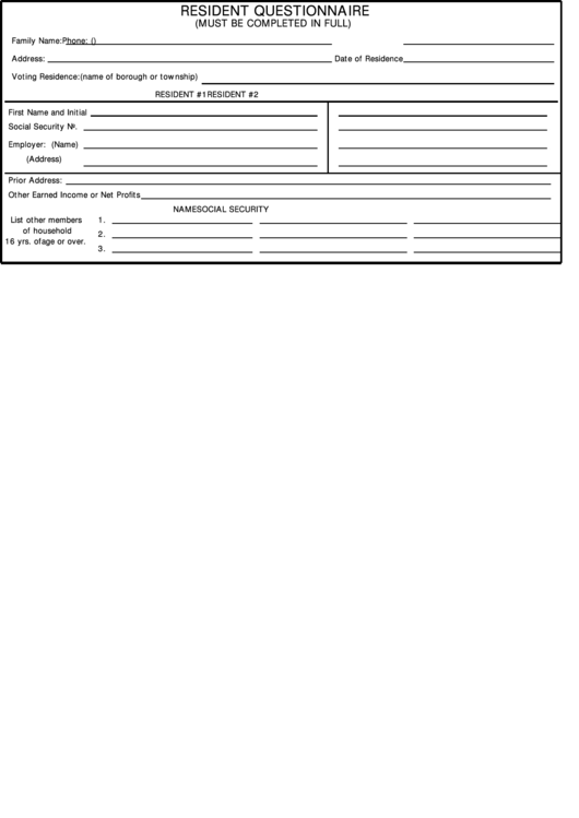 Resident Questionnaire-Form Printable pdf