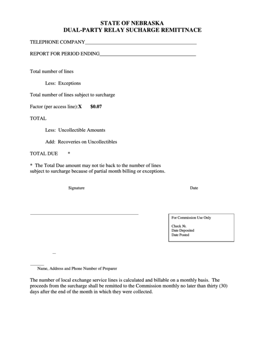 Dual-Party Relay Sucharge Remittnace Form - Nebraska Printable pdf