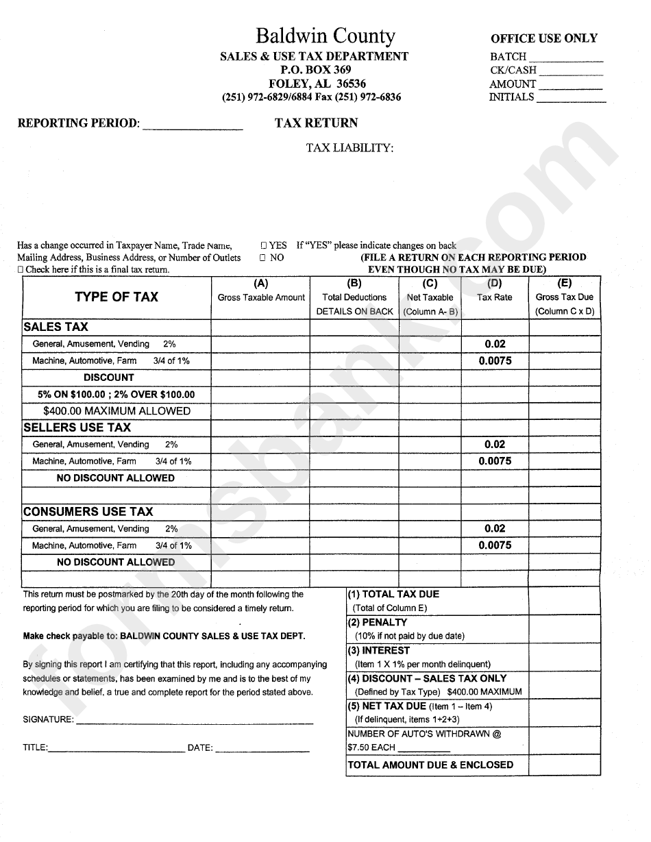 Tax Return Form - Baldwin County - Sales & Use Tax Department