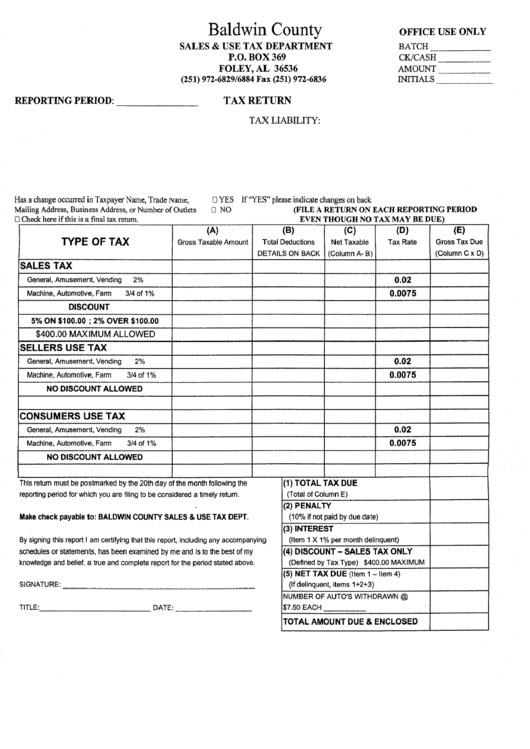 Tax Return Form - Baldwin County - Sales & Use Tax Department Printable pdf