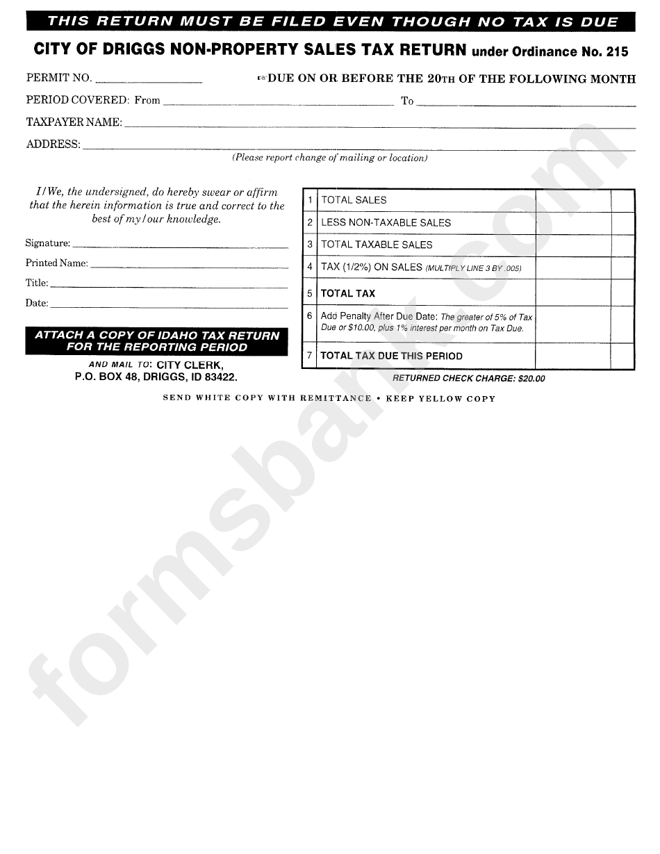 City Of Driggs Non-Property Sales Tax Return Form