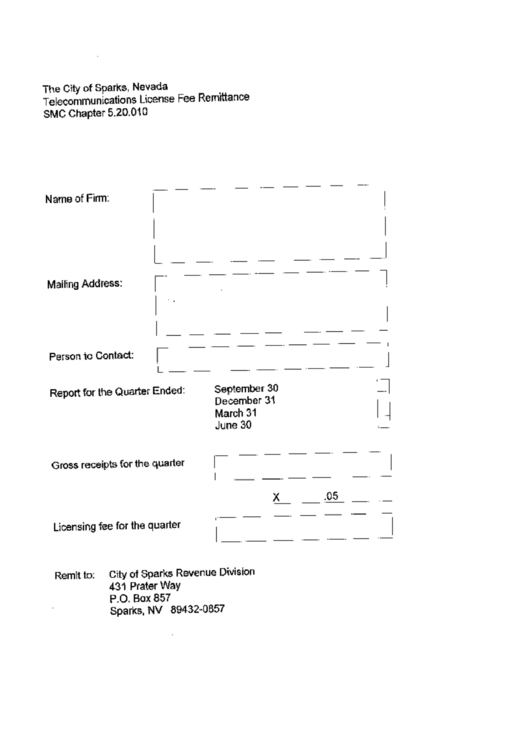 Telecommunications License Fee Remittance Form - The City Of Sparks, Nevada Printable pdf