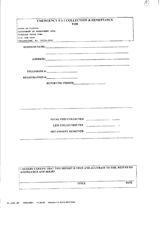Emergency 911 Collection & Remittance Form - Florida Printable pdf