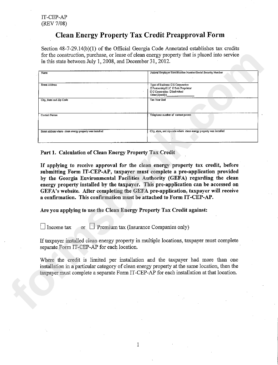 Form It-Cep-Ap - Clean Energy Property Tax Credit Preapproval Form - Georgia Department Of Revenue