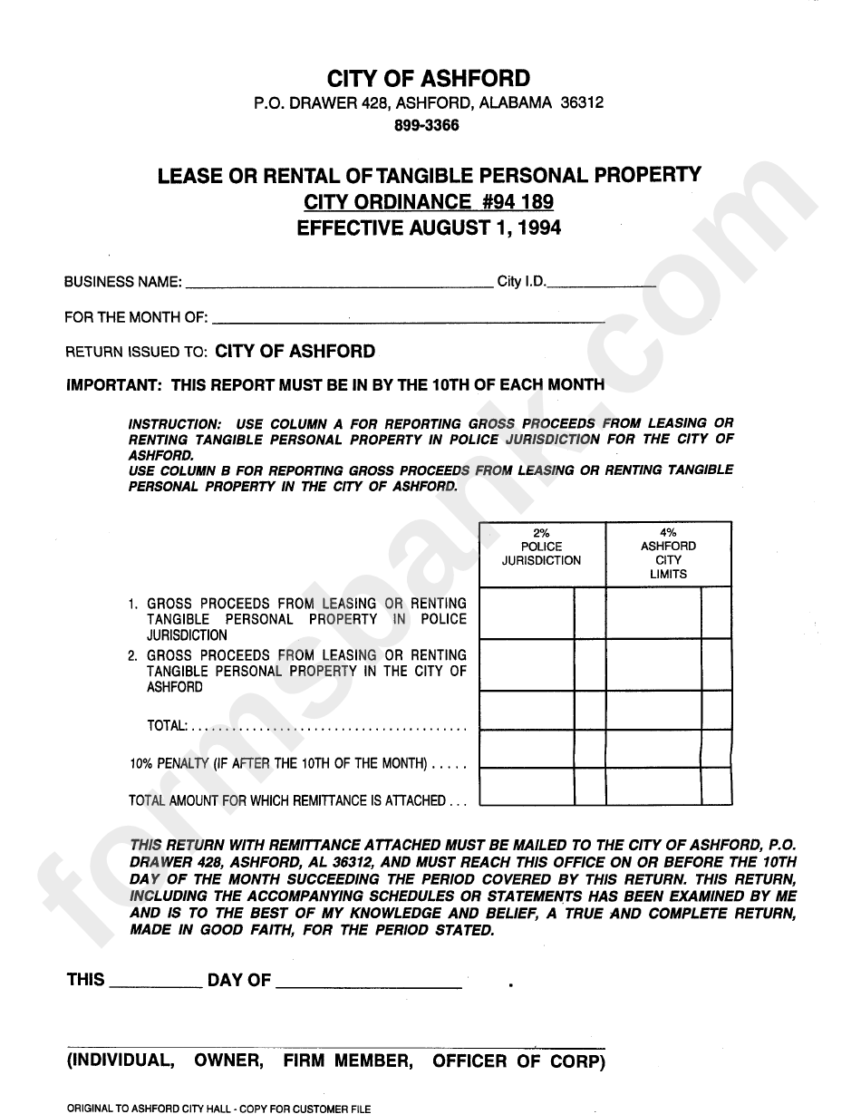 Lease Or Rental Of Tangible Personal Property Form - City Of Alashrt, Alabama