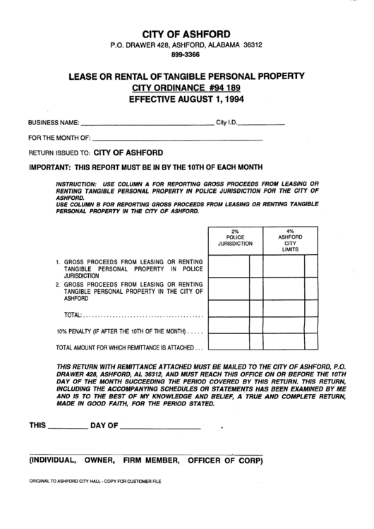 Lease Or Rental Of Tangible Personal Property Form - City Of Alashrt, Alabama Printable pdf