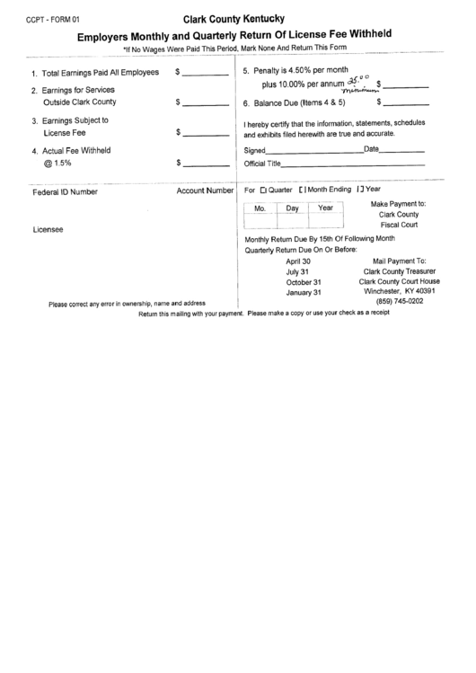 Ccpt-Form 01 - Employers Monthly And Quarterly Return Of License Fee Withheld Printable pdf