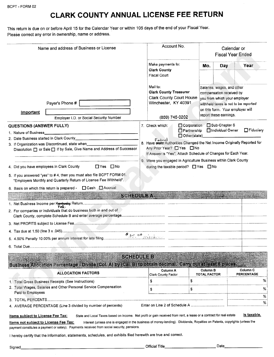 Bcpt-Form 02 - Clark County Annual License Fee Return printable pdf ...