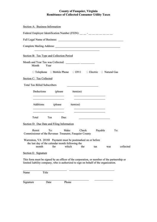 Remittance Of Collected Consumer Utility Taxes Form - County Of Fauquier, Virginia Printable pdf