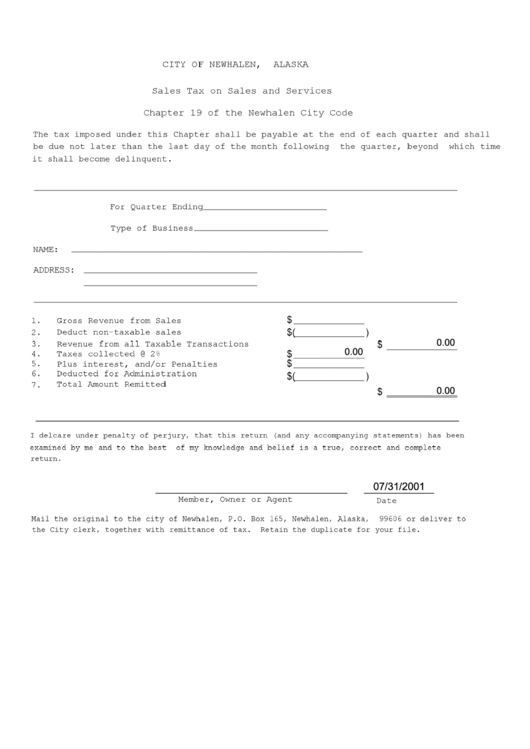 Fillable Sales Tax On Sales And Services Form - City Of Newhalen, Alaska Printable pdf