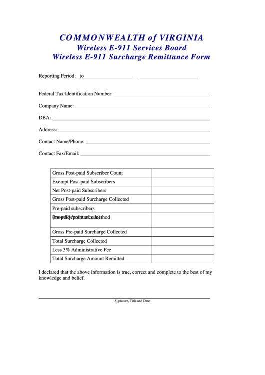 Wireless E-911 Services Board Wireless E-911 Surcharge Remittance Form - Commonwealth Of Virginia Printable pdf