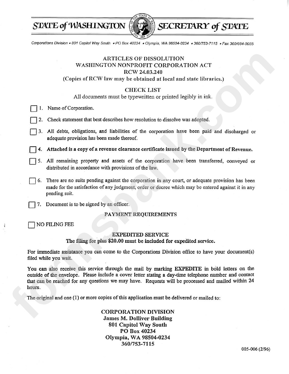 Articles Of Dissolution Form - 1996