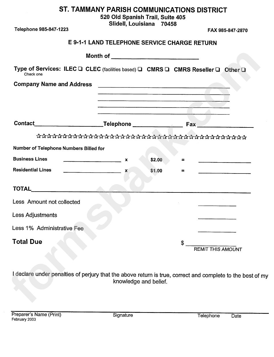 E 911 Land Telephone Service Charge Return Form - St Tammany Parish Communications District, Louisiana