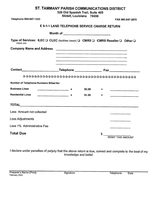 E 911 Land Telephone Service Charge Return Form - St Tammany Parish Communications District, Louisiana Printable pdf