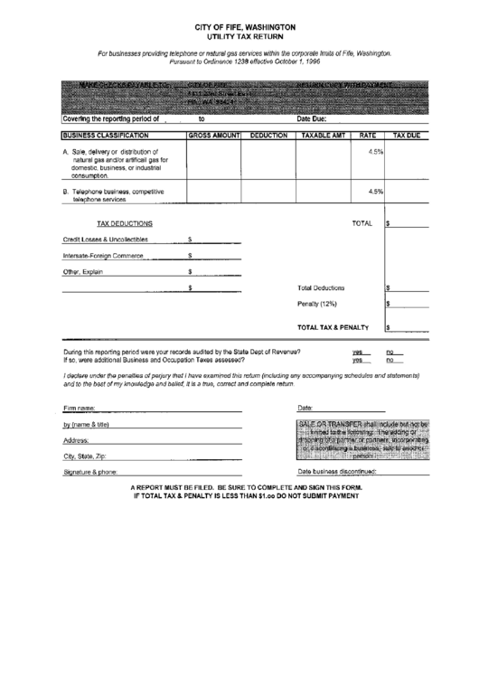 Utility Tax Return Form - City Of Fife, Washington Printable pdf