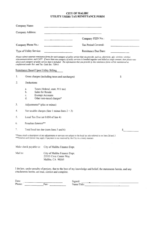 Utility Users Tax Remittance Form - City Of Malibu, California Finance Department Printable pdf