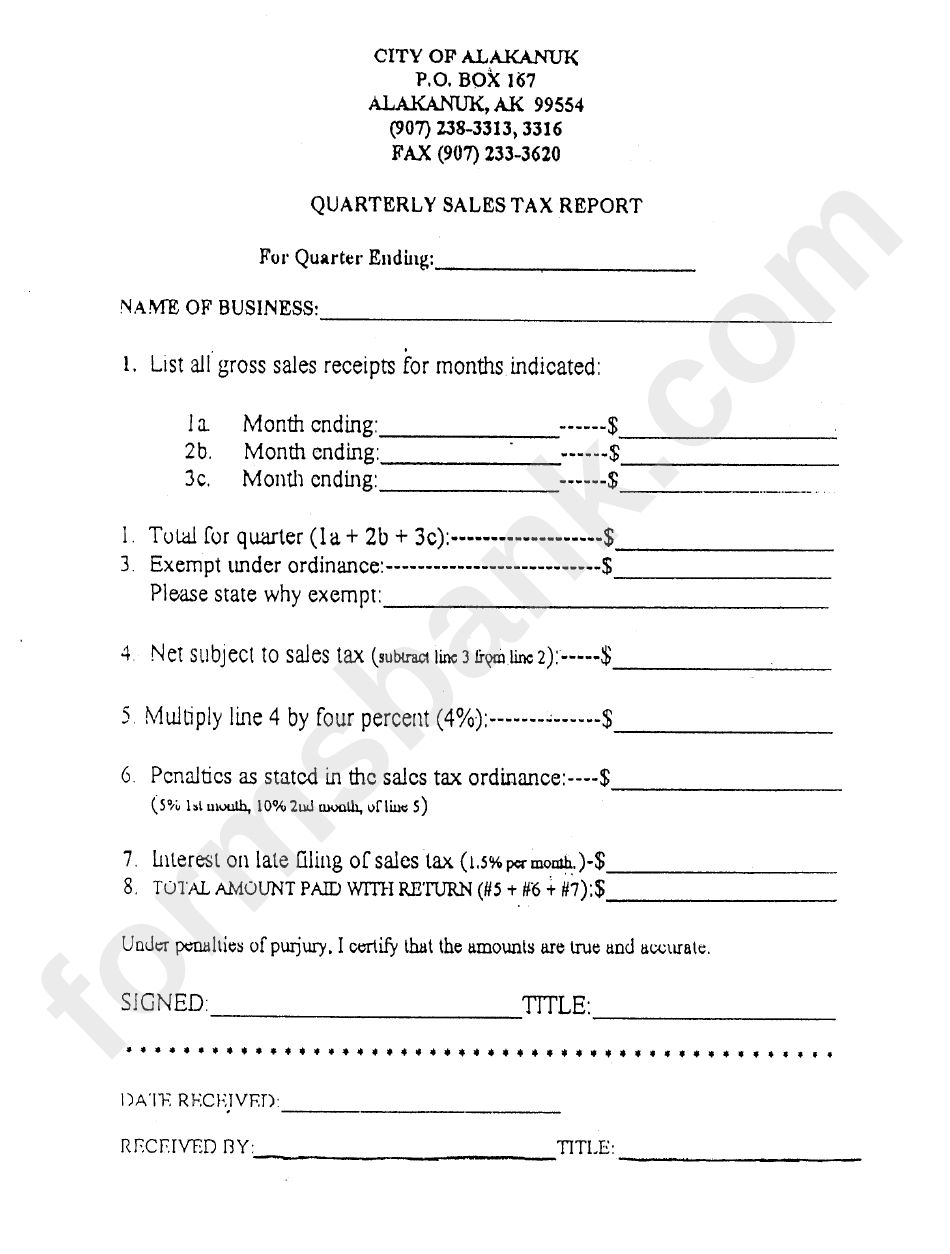 Quarterly Sales Tax Report Form - Alakanuk, Alaska