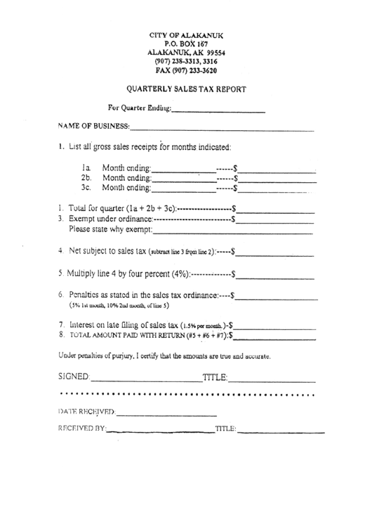 Quarterly Sales Tax Report Form - Alakanuk, Alaska Printable pdf