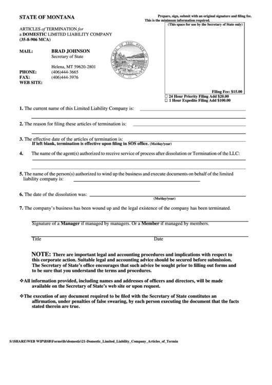 Articles Of Termination For A Domestic Limited Liability Company Form - Montana Secretary Of State Printable pdf