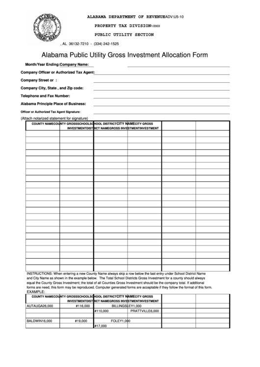 Alabama Public Utility Gross Investment Allocation Form - Alabama Department Of Revenue Printable pdf
