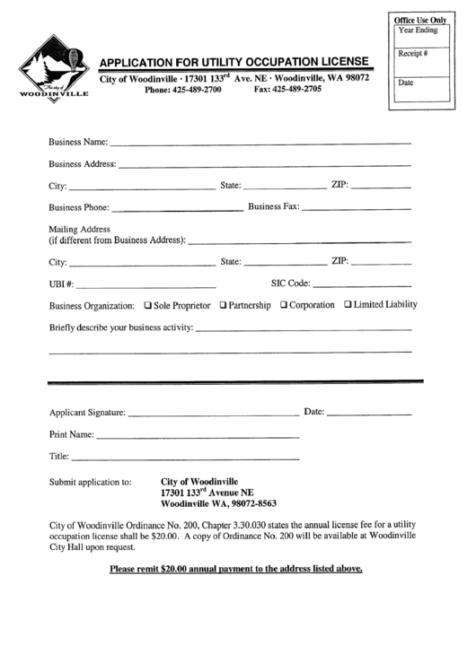 Application For Utility Occupation License Form - City Of Woodinville Printable pdf